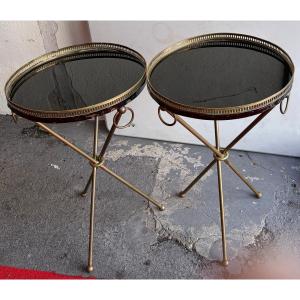 1940s/50s Pair Of Patinated Brass Side Tables In The Jacques Adnet Style, ø 40 Cm H 66 Cm