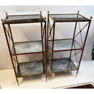 1970s Pair Of 3-tier Brass Shelves By Maison Baguès, With Aged Oxidized Mirrored Top, H 86