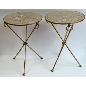 1940/50′ Pair Of Guéridons Laiton Doré/ Jacques Adnet ø 41,5 Cm H 61 Cm Marbre Rose Calacatta