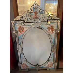 1900′ Napoleon 3 Venetian Mirror With 4 Seasons On Cartouches Mounted Under Glass H 144 Cm