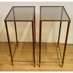 1970s Pair Of Ramsay Brass End Tables With Tinted Glass Tops, 39.5 X 27.5 X H 60 Cm