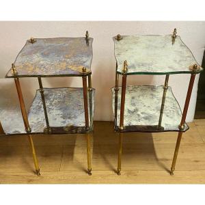 1970′ Pair End Sofas Maison Jansen Arbaléte Form Trays Olded Oxyded Mirrors 40 X32 X H 61 Cm