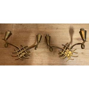 1940′ Pair Of Art Deco Gilded Bronze Sconces Attributed To Jules Leleu