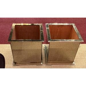 1970′ Pair Of Copper-plated Mirror-covered Planters, Maison Jansen 46 X46 X H 44 Cm
