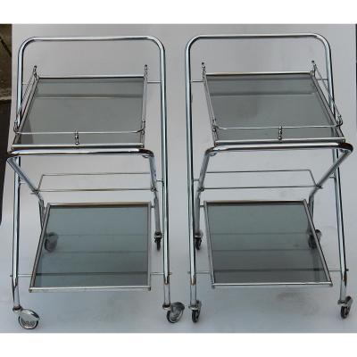 1950/70's Rolling Bar Of Journey And Campstool, In Chrome-plated Metal In The Style Of
