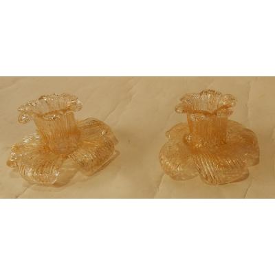 1970 ′ Pair Of Murano Crystal Candlesticks Barovier & Toso Style