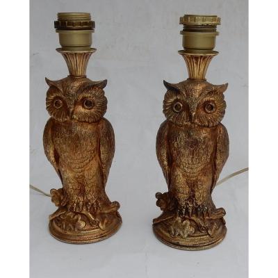 1970 ′ Pair Of Lamps With The Owl Golden Resin