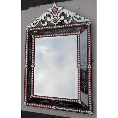 Venetian Mirror With Fronton Style Lxiv Color Red Bohemia 19th