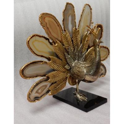 1970 ′ Peacock In Gilt Bronze Making The Wheel Adorned With 9 Agates Dlg Duval Brasseur Or Isabelle Faure