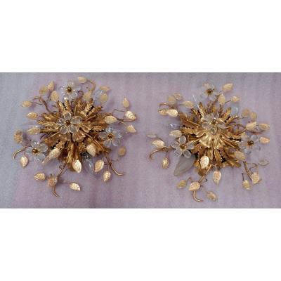 1970 ′ Pair Of Ceiling Lights Or Sconces Decor Leaves In Metal And Glass Maison Baguès Or Bench