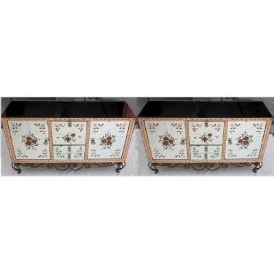 1950/70 ′ Pair Of Mirror Buffets With Eglomised Flowers Decor