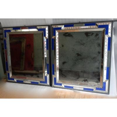1970/80 Pair Of Venice Mirrors Louis 14 Style With Blue Glass Ornaments 112 X 95 Cm