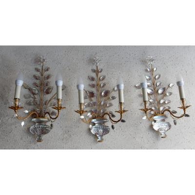 1970 ′ Series Of 3 Sconces In La Marguerite - Maison Baguès - H 48 Cm