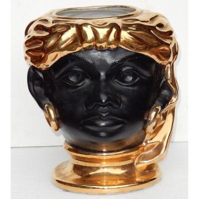 1950/70 ′ Ceramic Cache Pot With Nubian Head Decor