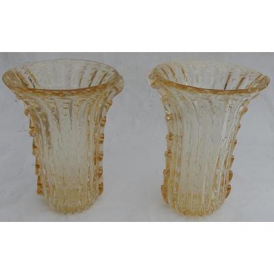 1970 ′ 1970 ′ Pair Or Similar Vases, Murano Crystal With Gold Paillons, Signed Murano Toso