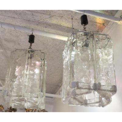 Pair Of Venini Chandeliers In The Shape Of A Murano Crystal Cage 43 X 32 Xh 73 Cm