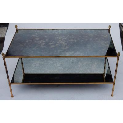 1970 'maison Baguès Coffee Table Bamboo Decor In Brass And Oxidized Mirror