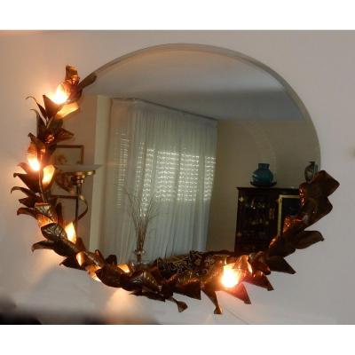 1970/80 ′ Lighting Mirror Bamboo Decor With Foliage Brasseur Style By Barbier For Jansen