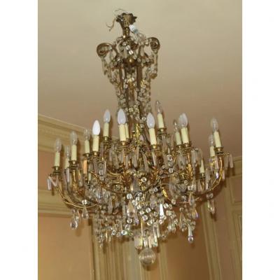 Napoleon III Chandelier - 5 Arms 25 Lights - Gilt Bronze And Crystal