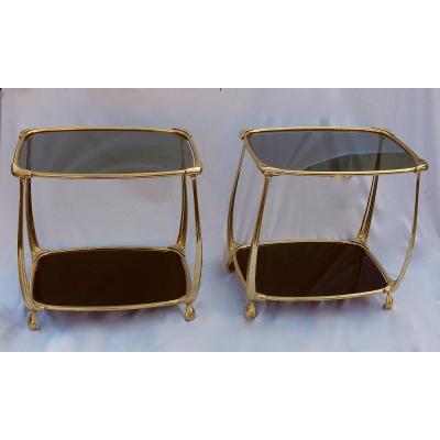 1970/80 ′ Pair Of Gilt Bronze Tables On 2 Levels Art Nouveau Style Glass And Opaline Trays