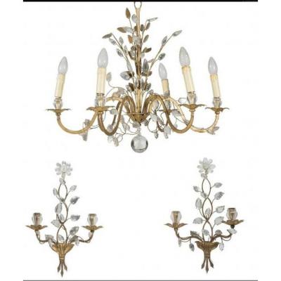 1950/70 Chandelier And Pair Of Wall Lights Maison Baguès Foliage And Flowers