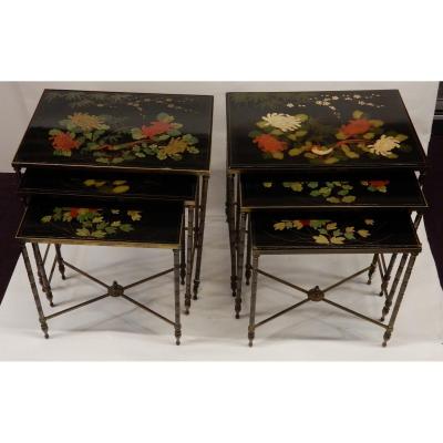 1970 'pair Of Series Of 3 Nesting Tables House Style Baguès Bamboo Decor In Gilt Bronze