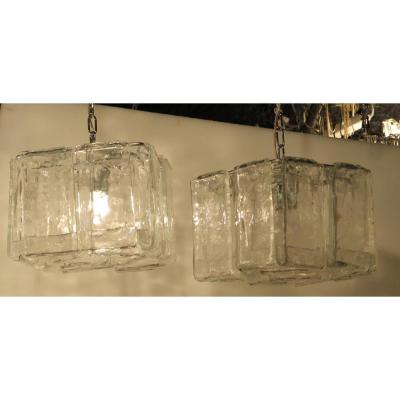 1970 ′ Pair Of Chandeliers Or Lanterns By Fratelli In The Shape Of A Murano Crystal Cage