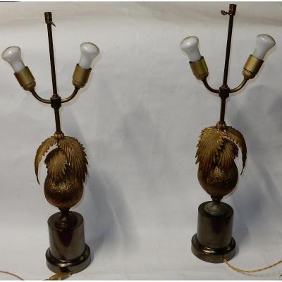 1970 ′ Pair Of Coconut Tree Lamps With Coconut Dlg Maison Jansen Or Charles Unsigned