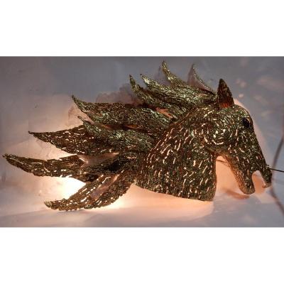 1990 'illuminating Horse Head Wall Lamp In Gilt Bronze And Gypsum Duval Brasseur Style