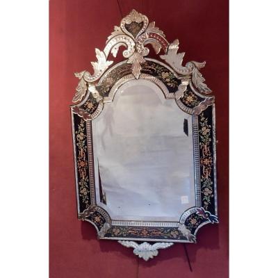 1880/1900 'napoleon III Mirror With Pediment, Blue Glass Frame Decorated With Enamelled Flowers St Lxiv