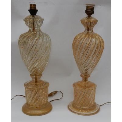 1950/70 Pair Of Barovier & Toso Lamps With Gold Paillons