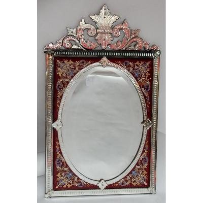 1880/1900 ′ Rectangular Venice Mirror With Pediment With Glass Frame Decorated With Enameled Flowers