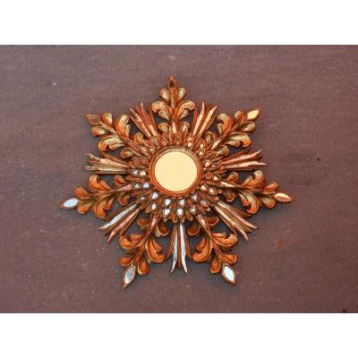 1970 ′ Sun Mirror Decor Snowflake, Golden Wood, Diameter 72 Cm