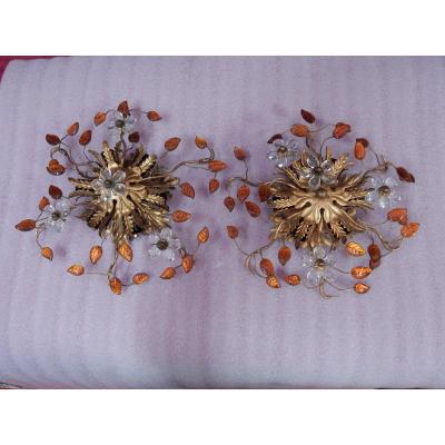 1970 ′ Pair Of Ceiling Lights Or Sconces Decorated With Flowers And Leaves Dlg M. Baguès Or Banci