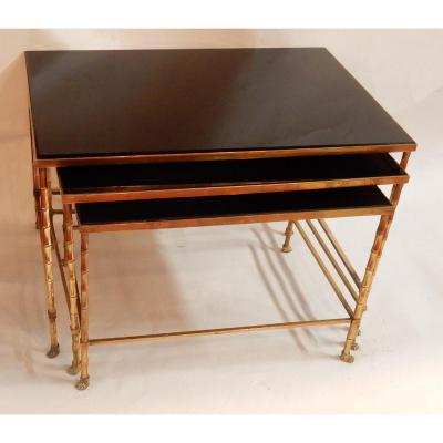 1970 ′ Maison Baguès Nesting Tables Series Bamboo Model, 3 Black Opaline Trays -67x46x45