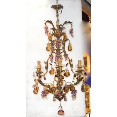 1970 ′ Cage Chandelier In Golden Brass Style Maison Baguès Leaves And Fruits In Colored Glass