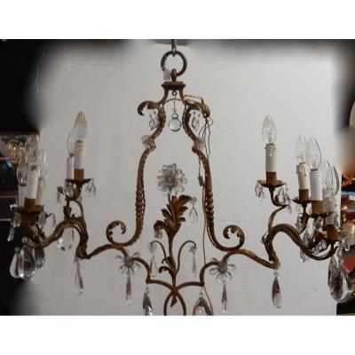 1950/70 ′ Golden Metal Chandelier 10 Bulbs Flower Decor House Style Baguès