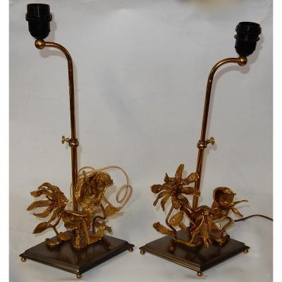 1950/70 Pair Of Orchid Lamps In Silver And Gilded Bronze Dlg Maison Charles Or Jansen
