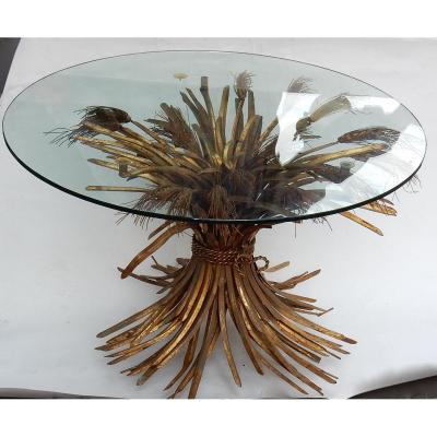 1970 ′ Pedestal Or Coffee Table Gerbe De Blé Style Ysl Golden Metal