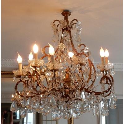 1950 ′ Cage Chandelier Italy A12 Lights Golden Wood And Crystal Diameter 90 Xh 100 Cm