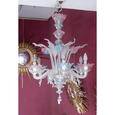 1970 'blue And Pink Murano Chandelier