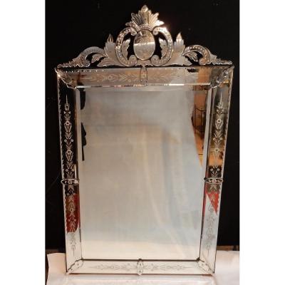 1900 'venetian Mirror With Floral Decor And Pediment - 173 X 101 Cm