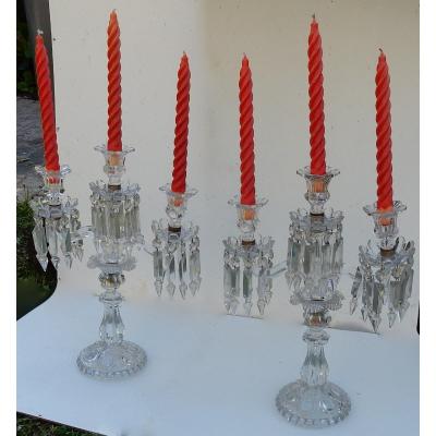 1950 ′ Pair Of Candlesticks With 2 Branches Beaded Sockets And Signed Baccarat Relief