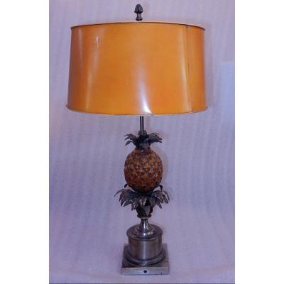 1950/70 Pineapple Lamp In Silver Bronze, Metal Shade, Signed Charles, Made In France