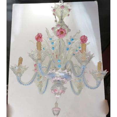 1950 ′ 6-light Murano Chandelier In Opalescent Blue Glass And Pink Glass Paste