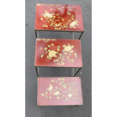 1970 'nesting Tables Dlg Maison Jansen Deco Bamboo In Gilt Bronze Trays With Chinese Lacquer