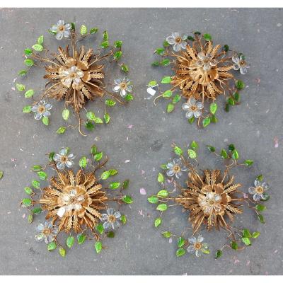 1970 'series Of 2 Wall Lights Decorated With Flowers And Leaves In Golden Metal And Green Glass