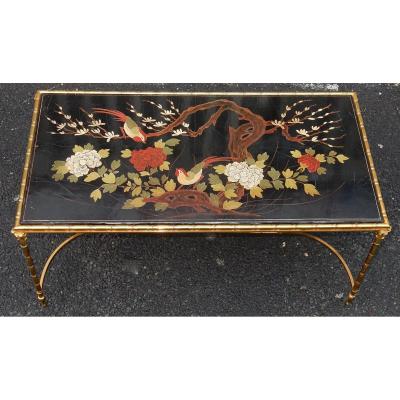 1950/70 ′ Bronze Coffee Table Palm Tree Decor, Chinese Lacquer Top Style Maison Baguès