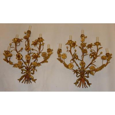 1880 ′ Pair Of Gilt Bronze Sconces With Floral Decor 5 Arms Of Light