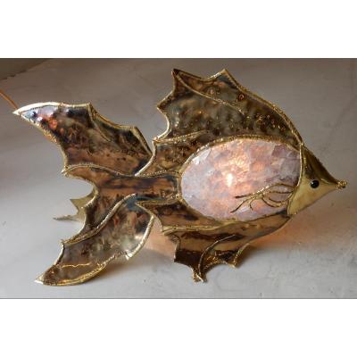 1970 ′ Brass Fish Lamp With Mika Violet Style Duval Brasseur Illuminating